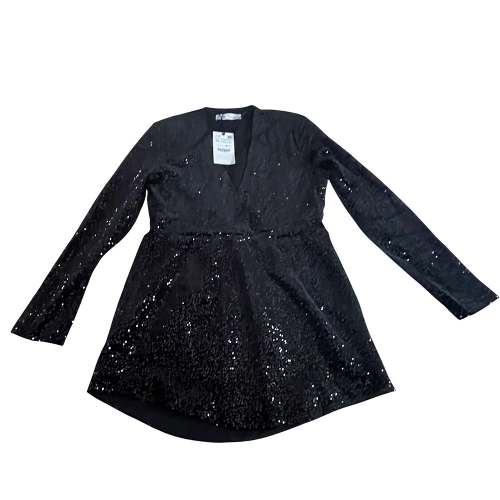 ZARA Black Sequin V Neck Long Sleeve Mini Dress Party Clubwear XL NWT‎